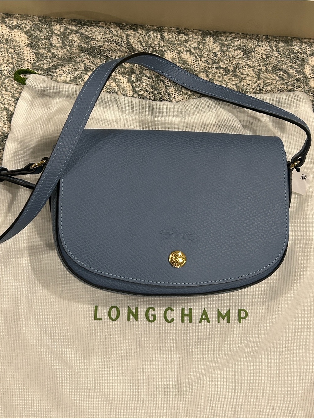 Longchamp Dusty Blue Pebbled Leather Crossbody with Gold Button